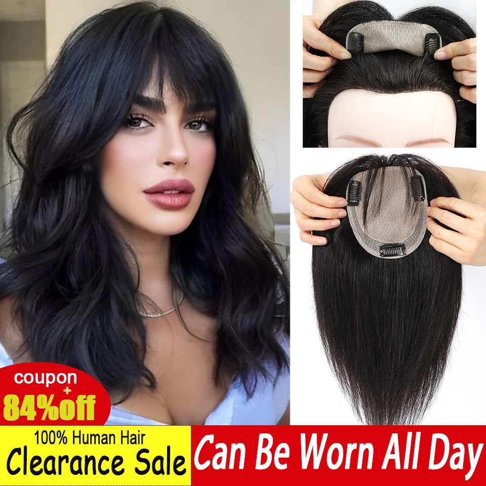 Dazzeal Hair Topper Straight Hair Clips Black Brown Hair Topper Human Hair Top Straight Silk Base Toppers With Bangs For Women