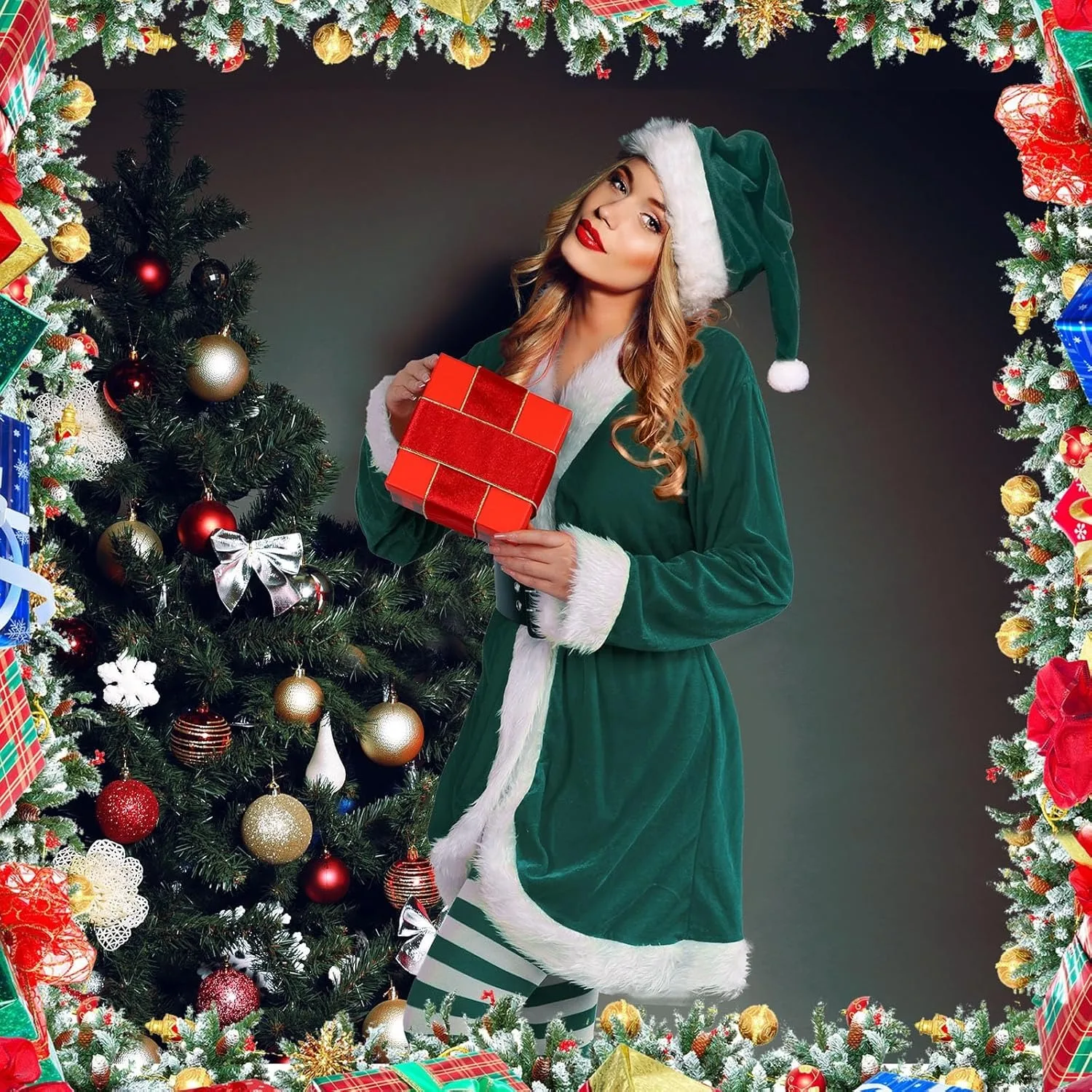 

Рождественский костюм, комплект из 4 предметов, зеленое платье, шляпа, пояс и леггинсы, праздничный наряд, идеальная ткань для игр и тематических вечеринок