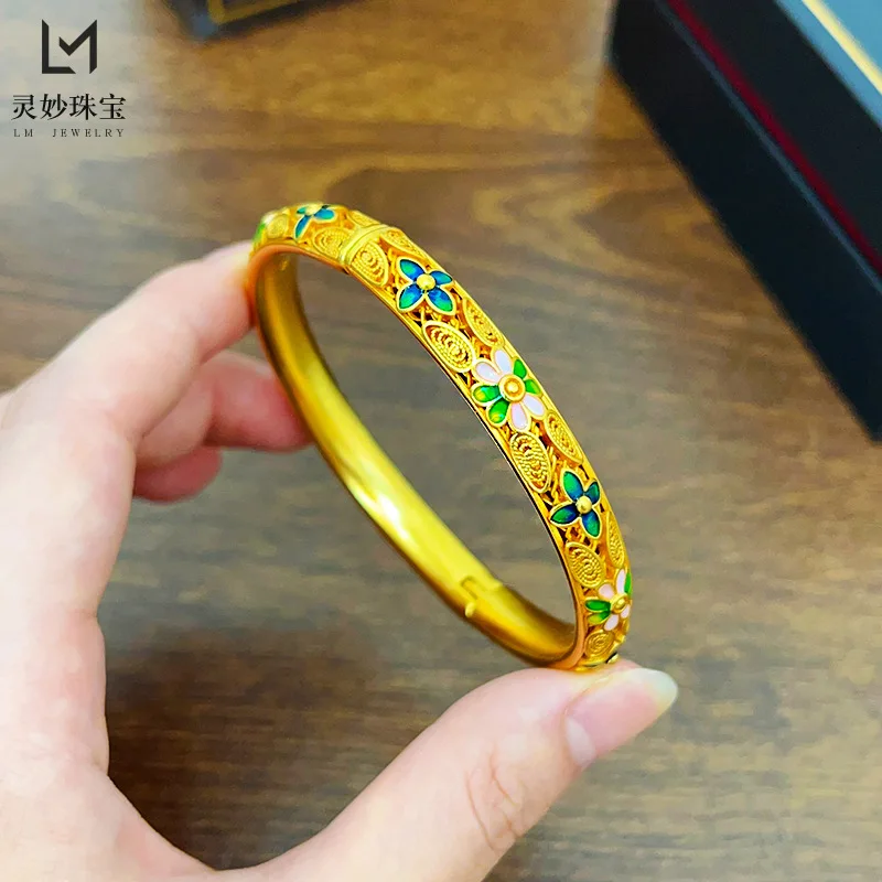 

Роскошные ювелирные изделия из настоящего золота 9999 24 карата, эмалированный шелковый браслет с четырьмя листьями для женщин, чтобы подарить своим жене и матери