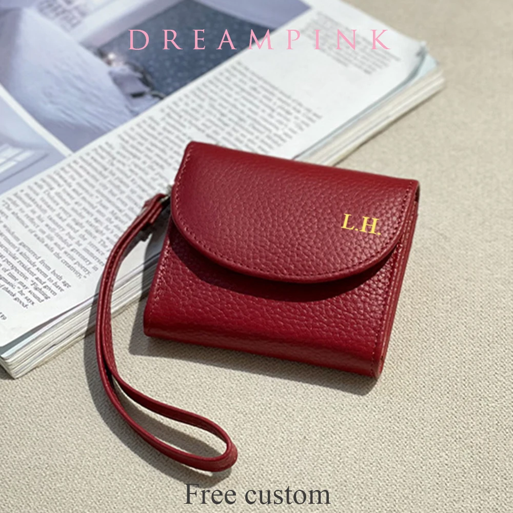 Small Women Coin Wallet With Lanyard Custom Name Genuine Leather Women Credit Card Wristlet Pouch Engrave Initials Mini Wallet