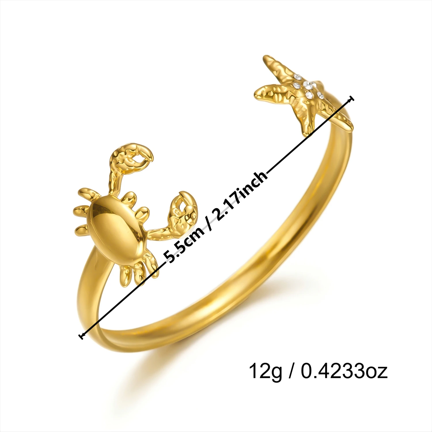 Gmai Edelstahl-Armband mit Krabben- und Seesternmotiv, CZ-Besatz für Damen, Böhmischer Gold-PVD-beschichteter Wasserfester Offener Armreif, Party-Schmuckgeschenk – Detail 7
