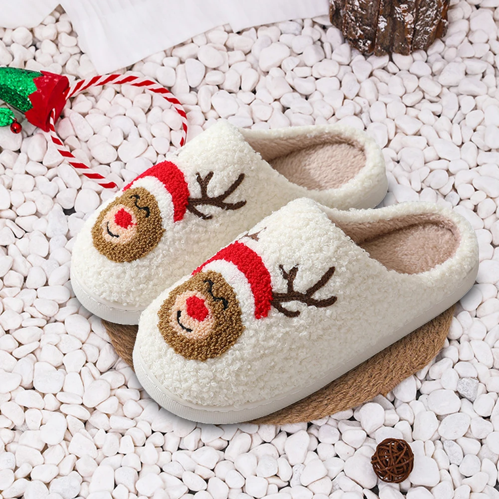 

Christmas Elk Warm Cotton Slippers WomenMen Cozy Deer Slippers Closed Toe Slippers Thick Sole Plush Reindeer Slip-on House Shoes