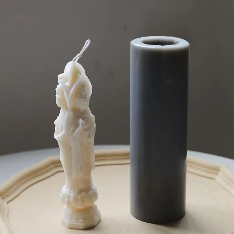 

97BA Long Three-faced Guanyin Statue Candles Silicone Mold