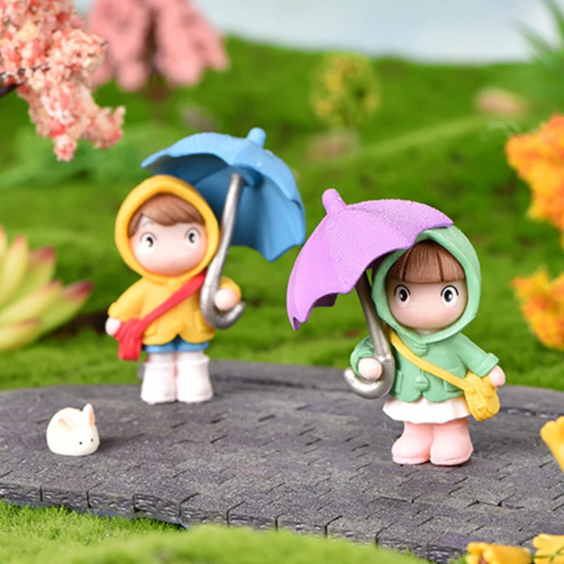 4Pcs Mini Cute Umbrella Girl Doll Micro Landscape Handcrafted Fairy Garden Desktop Figurines Home Decor Ornament Craft Gift