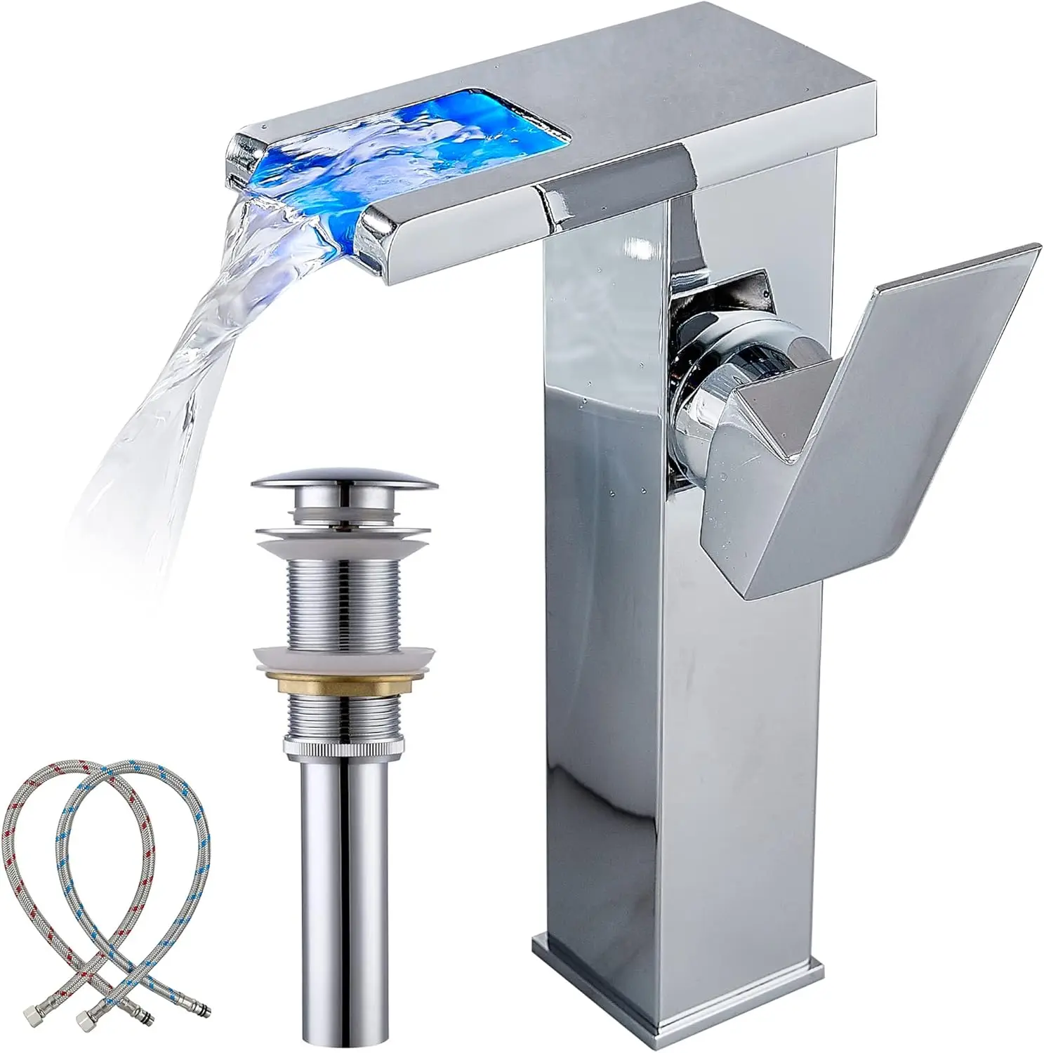 

Bathroom Vessel Sink Faucet Waterfall Chrome Basin Faucet One Hole Handle with Pop Up Drain Assembly Without Overflow Supply Lin