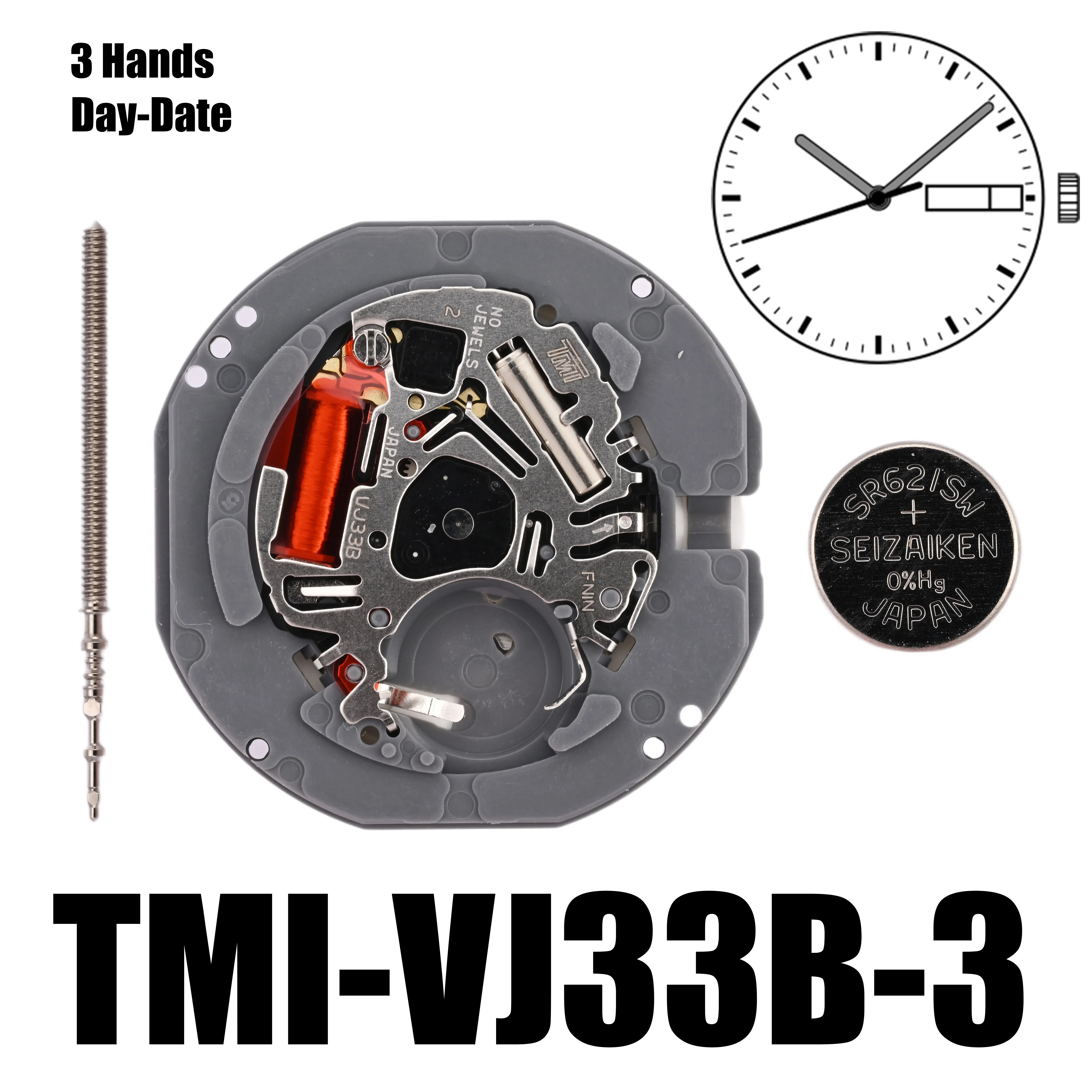 VJ33 Movement TMI VJ33B Movement Dual Calendar Quartz Movement 3 Hands Size: 6 ¾X8‴ Height: 2.28mm