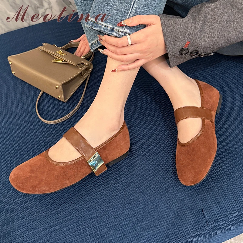 

Женские туфли Meotina из натуральной кожи, туфли Мэри Джейн с круглым носком, на плоской подошве, с металлическим декором, замшевые, лаконичные, модные женские туфли на весну и осень