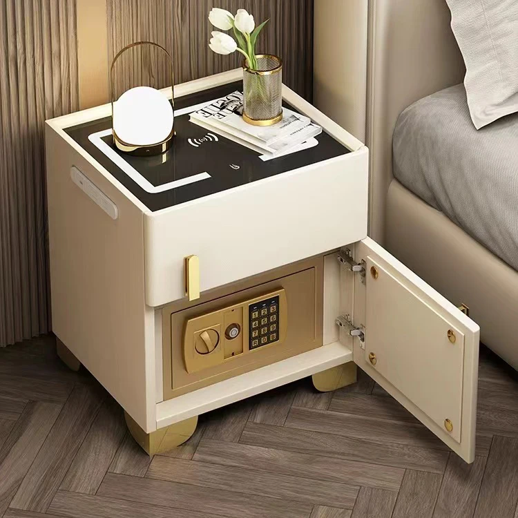 طاولة بجانب السرير الذكية الفاخرة الحديثة مع أضواء LED شحن لاسلكي USB، مكبر صوت آمن، خزانة تخزين خشبية لغرفة النوم #3