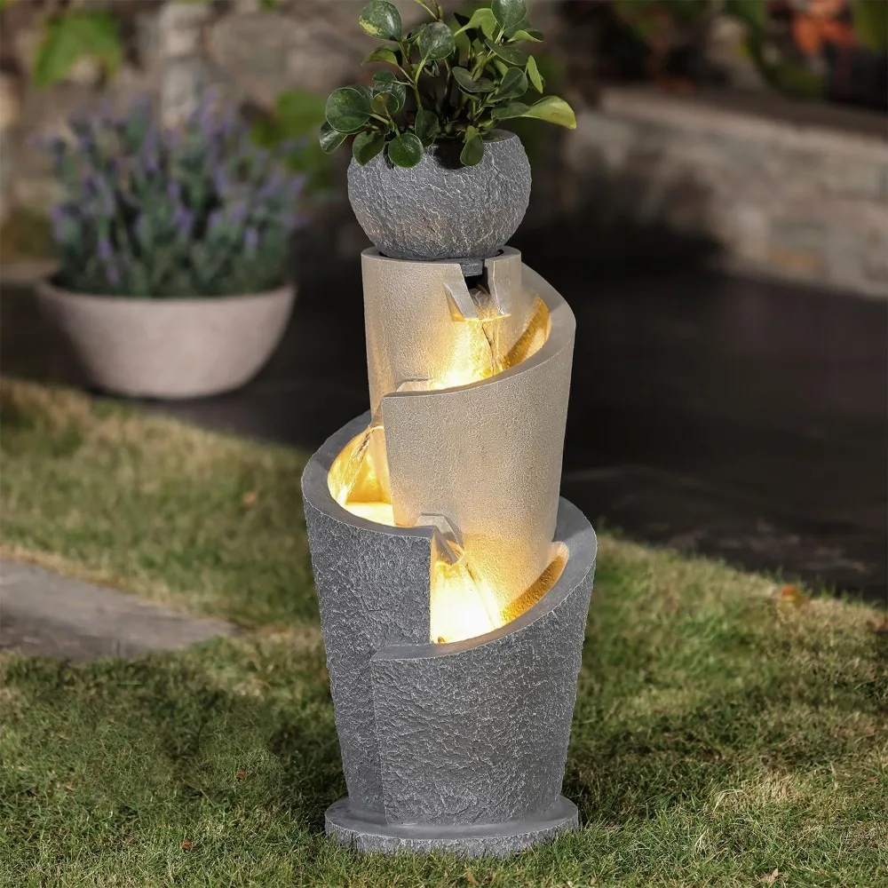 

LuxenHome Outdoor Water Fountain, 27 Inch Resin Cascading Water Fountains Indoor with LED Lights, Modern Garden Decor, Small Wat