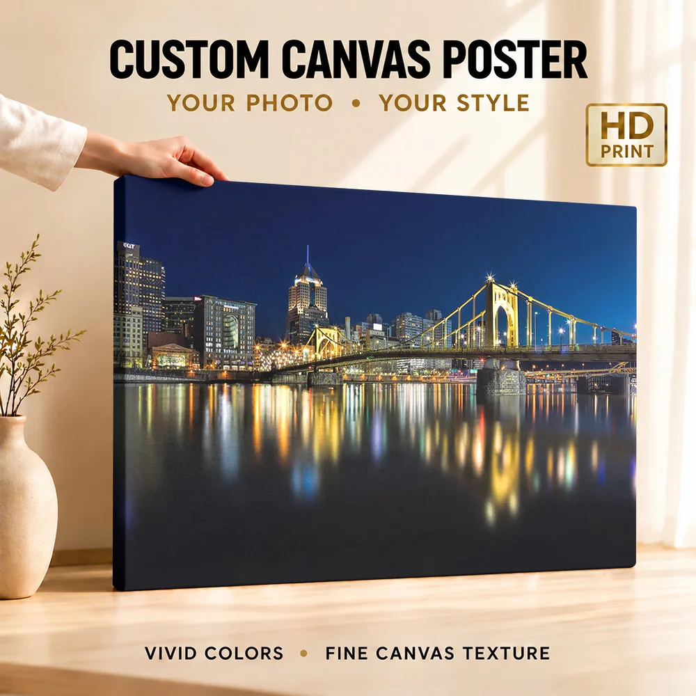 Pittsburgh Skyline Wood Framed Canvas Print Personalized Photo Illuminated Riverside Wall Art For Living Room Housewarming Gift