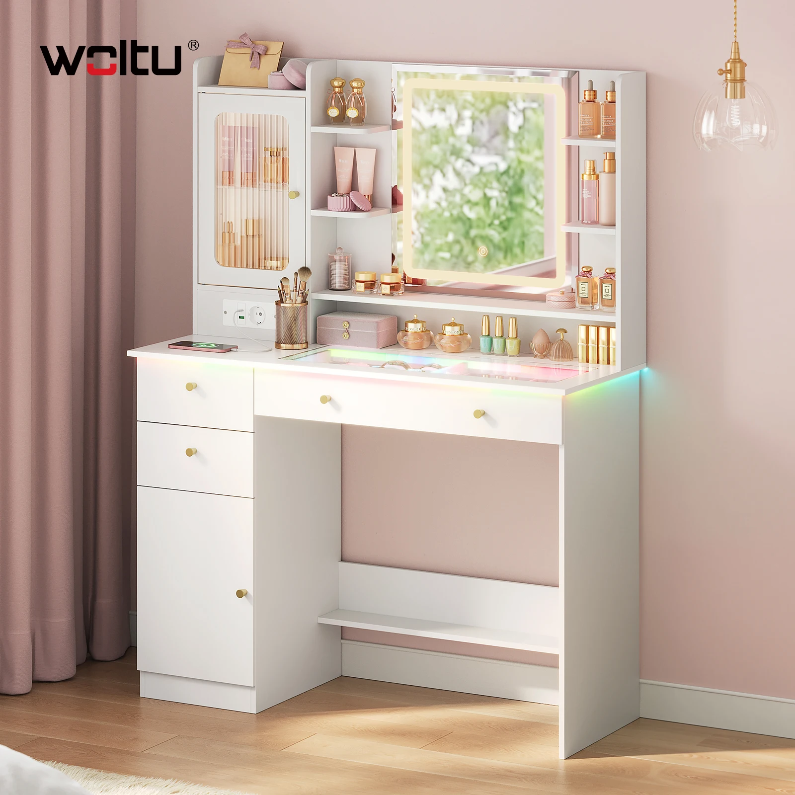 Coiffeuse WOLTU avec miroir LED et éclairage RGB, table de maquillage avec station de charge et plateau en verre transparent, commode de chambre à coucher, organisateur de bijoux