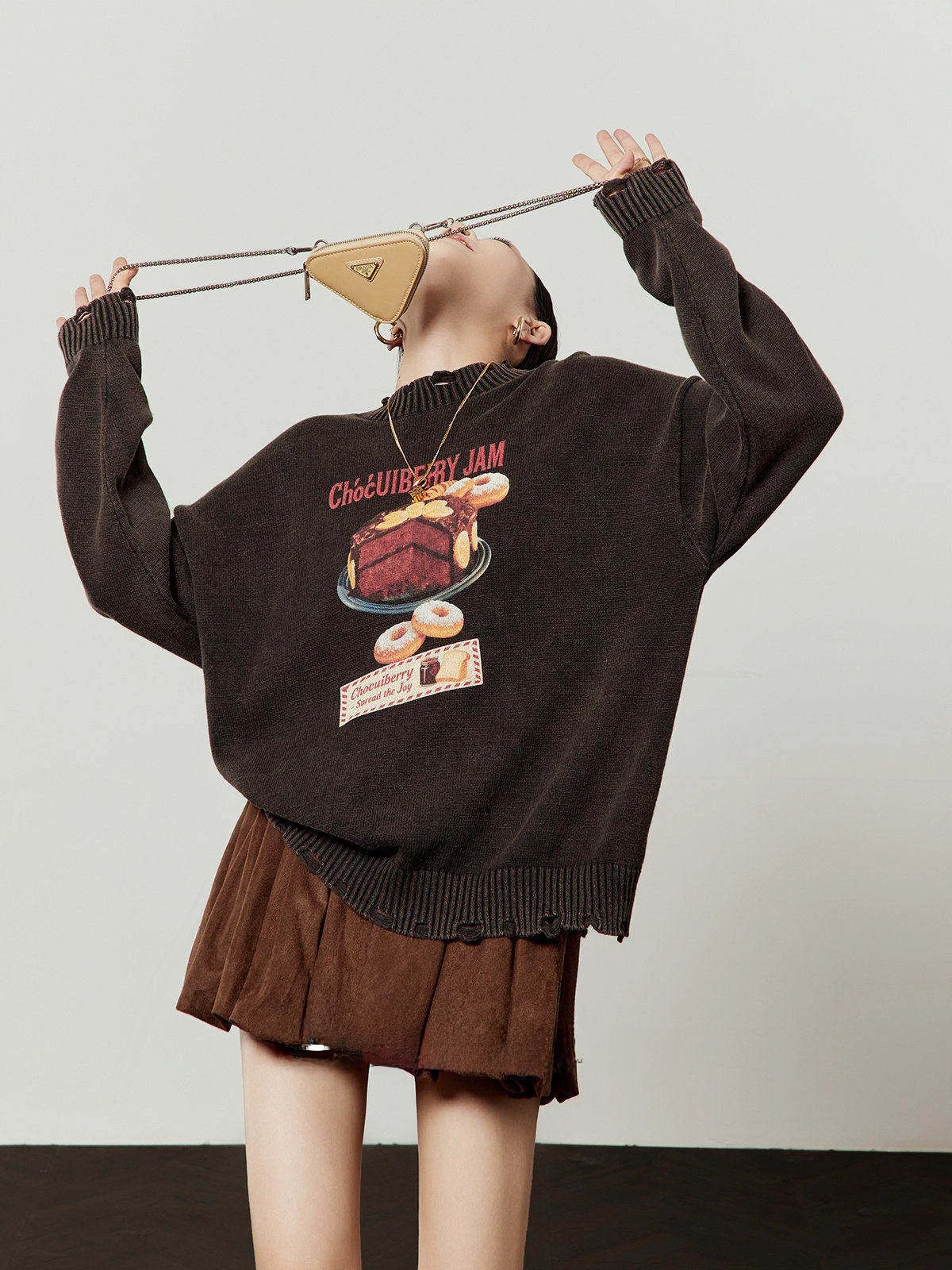 

Choco Cake Pattern Bla Knitted Sweater Women's Casual Sle Spring New Arrival Loose Fit round Ne Long Sve Top