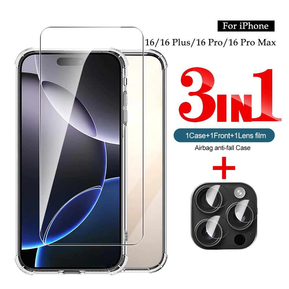 3in1 For iPhone 16 Pro Max Clear airbag Case For Apple iPhone16ProMax 16Pro 16Plus Shockproof cover Lens screen protector glass