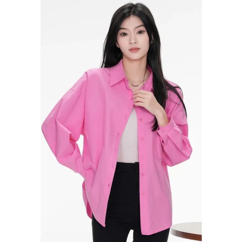 

Women Pure Cotton Loose Casual Pink Shirt Long Sleeve Breathable Versatile Sun Protection Outerwear Blouse