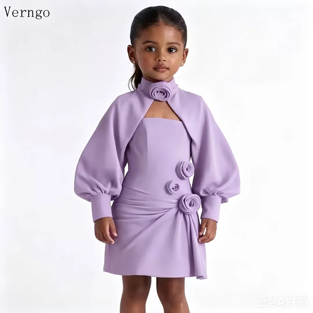 Verngo Simple Burgundy Mini Girl Fowers Dress Crepe Red Pleated Birthday Party Dresses Long Sleeves Kid Outfits Customized