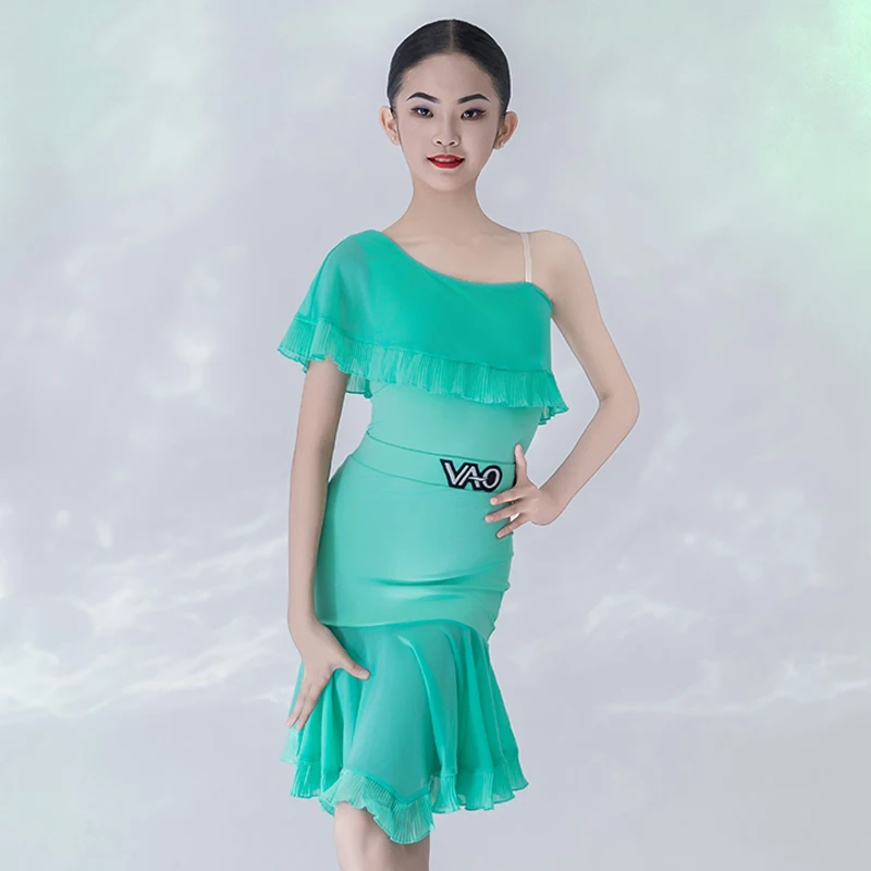 Abito da ballo latino verde per ragazze, abbigliamento da pratica, gonna con una spalla, abiti da spettacolo, costumi di danza latina per bambini BL15043