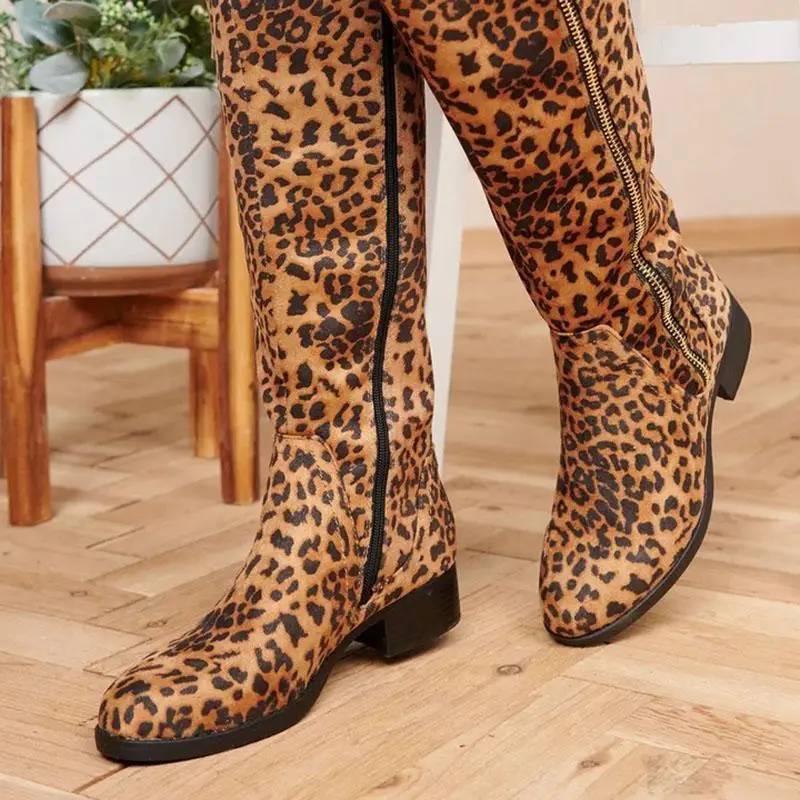 

Women Leopard Print Boots Nice Autumn Winter Ladies Fashion Flat Bottom Boots Shoes Over The Knee Thigh High Suede Long Boots934