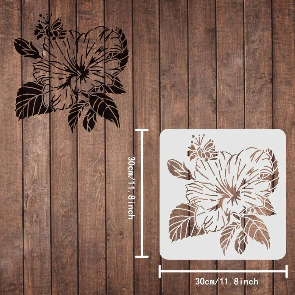 Hibiscus Drawing Painting Stencils Templates (11.8x11.8inch) Plastic Hibiscus Stencils Decoration Square Hibiscus Stencils