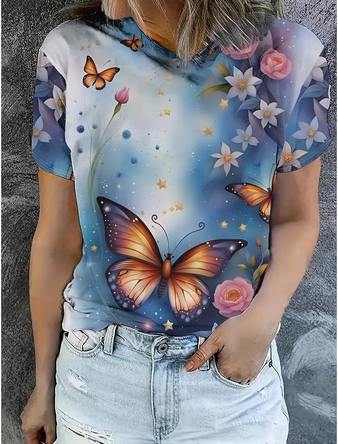 Summer Fashion Women's T-Shirt Beautiful Flowers Stylish Printed Casual Short Sleeve Crew Neck Tees Round Neck Regular Tops