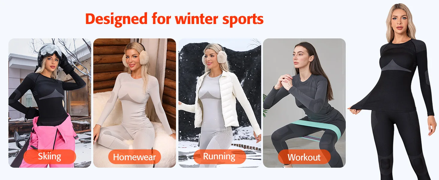 Anfilia Damen Ski-Thermo-Unterwäsche-Sets Feuchtigkeitsableitend & Schnelltrocknend Eng Anliegender Rundhalsausschnitt Nahtlos Gestrickte Basisschicht Lange Unterhosen – Detail 3