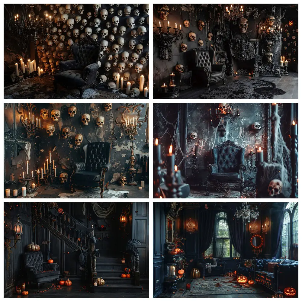 

Horror Halloween Backdrop for Photography Scary Haunted House Castle Skull Pumpkin Candle Halloween Party Photo Background Decor