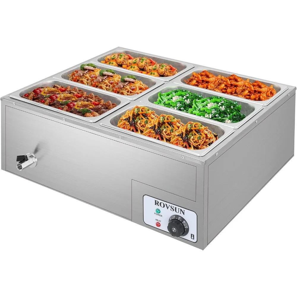 

42.3QT 6-Pan Electric Commercial Food Warmer, 110V Stainless Steel Bain Marie Buffet, 6.9 QT/Pan Stove Steam Table with Tempera