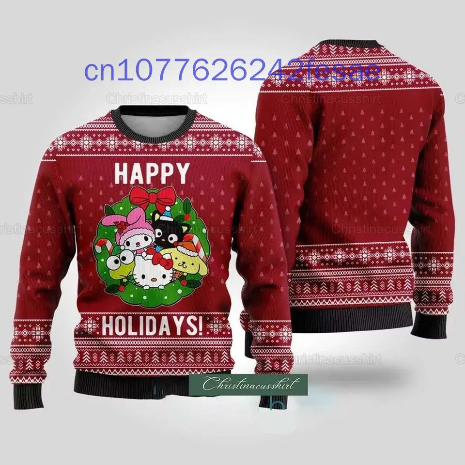 Pull de Noël imprimé Hello Kitty 3D pour hommes et femmes, pull à manches longues, col rond, décontracté, rue, Y2K, nouveau