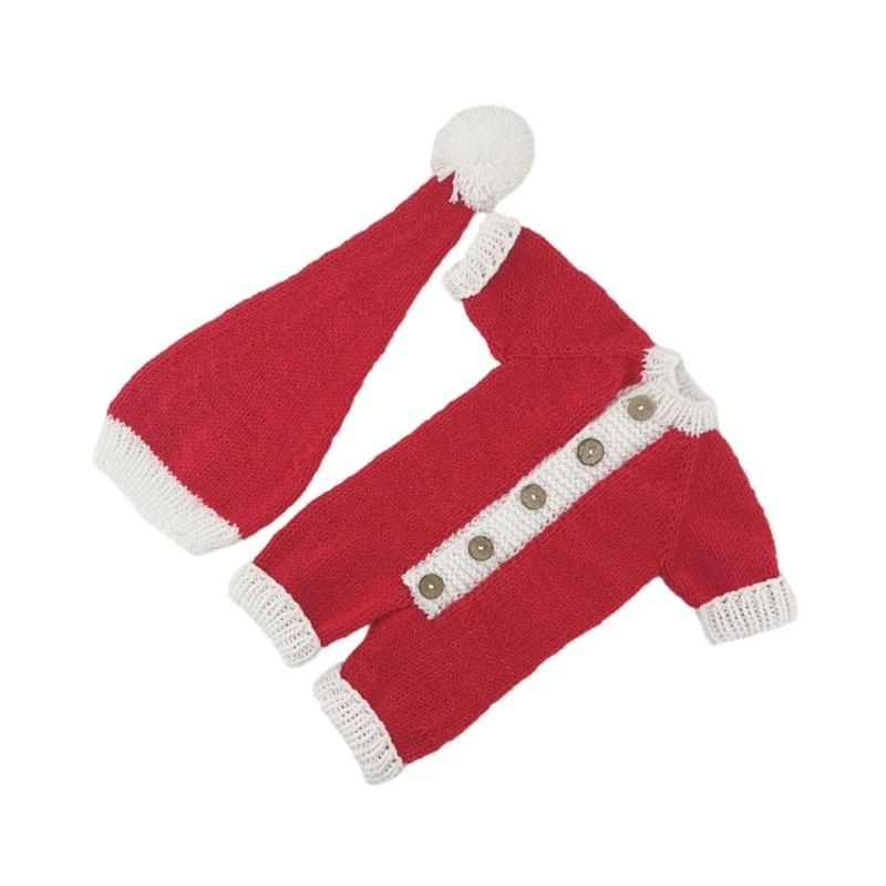 J15U Infant Photography Props Christmas Costume Knit Santa Hat Jumpsuit Baby Photoshooting Outfit Newborn Shower Gift