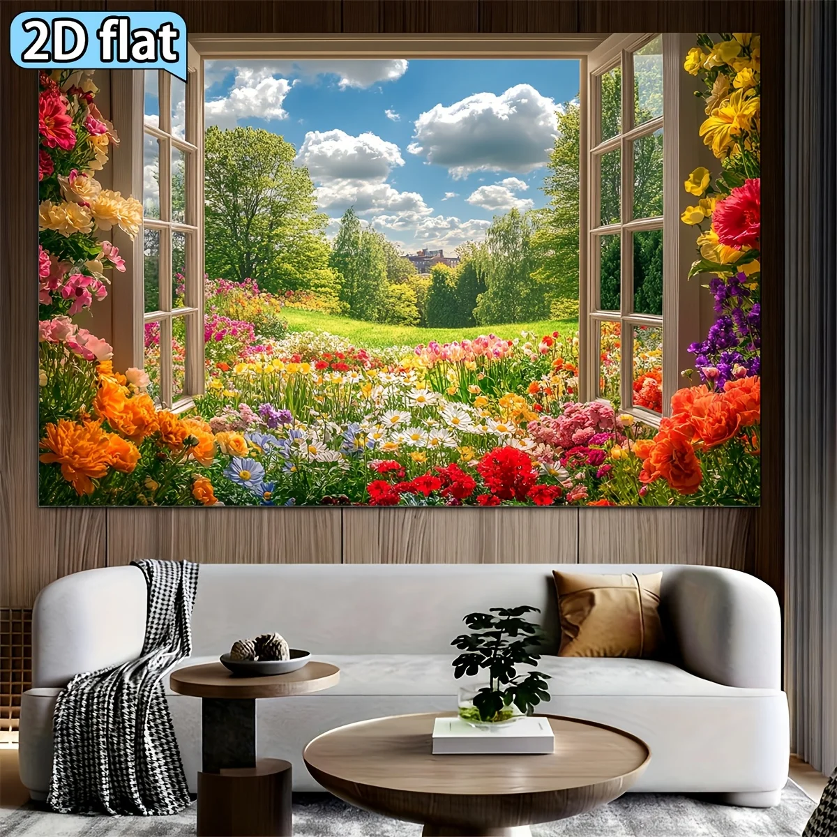 2D Flat, 1 Piece, Window Garden Background, High‑saturation Colors, Spring Decorations, Background Billboard, Hanging Tapestry With Strings, Easter Decorations, Suitable for Bedroom, Living Room, Home Party, Aesthetics, Extra‑large Size