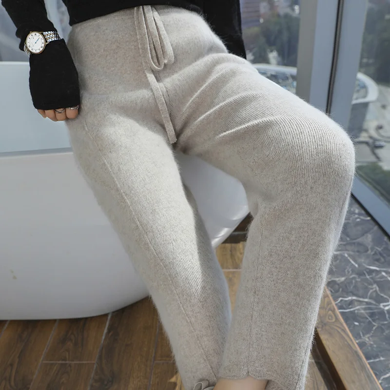 لينة مريحة الخريف والشتاء 100% المنك الكشمير السراويل عالية الخصر أسلوب بسيط تريكو مكتب سيدة مرونة الخصر بنطلون