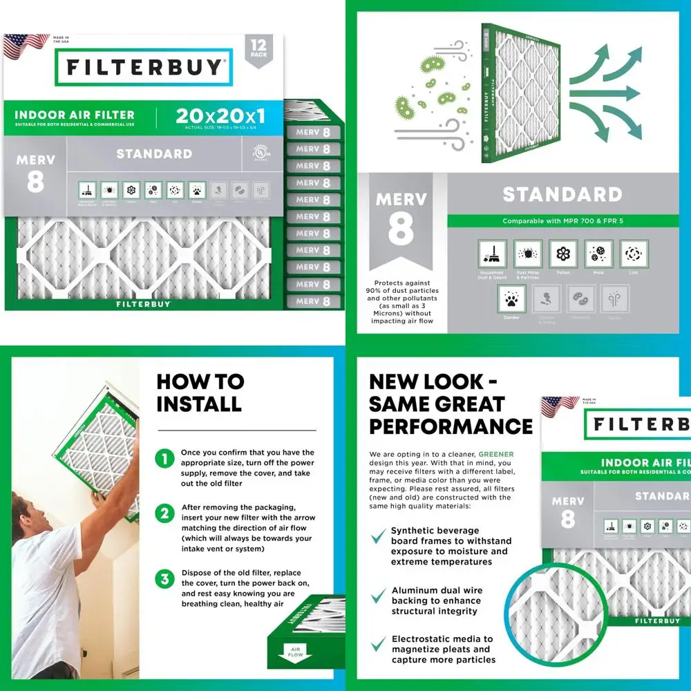 

20x20x1 MERV 8 Pleated Air Filters Dust Defense Replacement 12-Pack for HVAC AC Furnace Filters