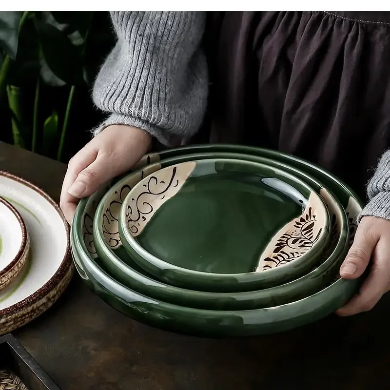 Round Shape Plates Ceramic Dinner Plate Dessert Home Breakfast Kitchen Supplies Feature Set and Dishes
