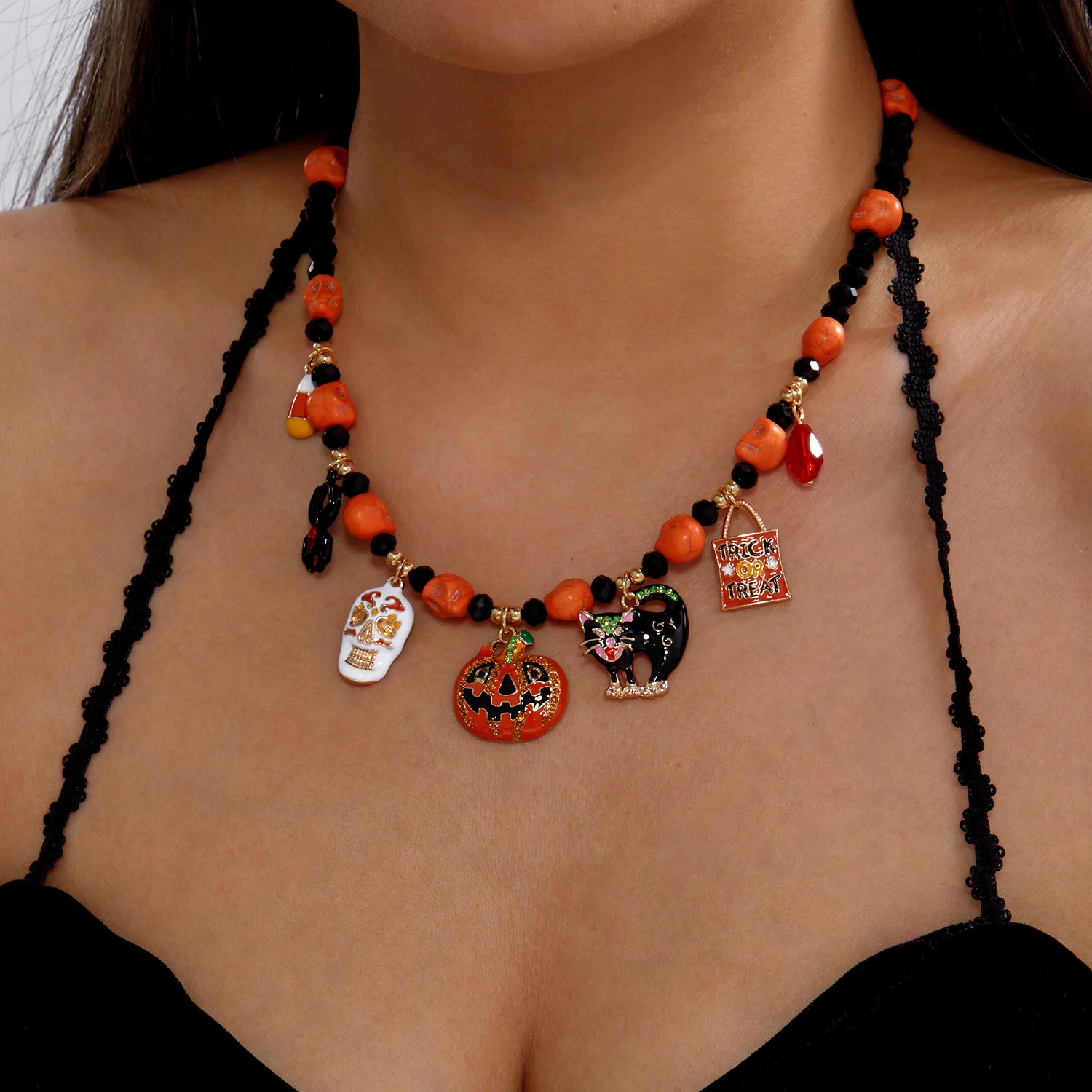 Halloween Vintage Beaded Necklace For Women Pumpkin Black Cat Skull Candy Corn Trick Or Treat Pendant Choker Party Jewelry Gift