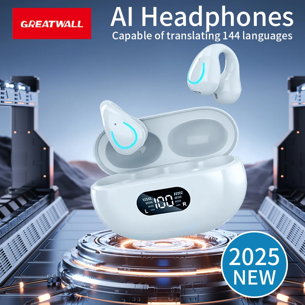 GREATWALL AI Translation Earphones, Ear clip sports headphones, high-definition calls without delay，Translatable  144 languages