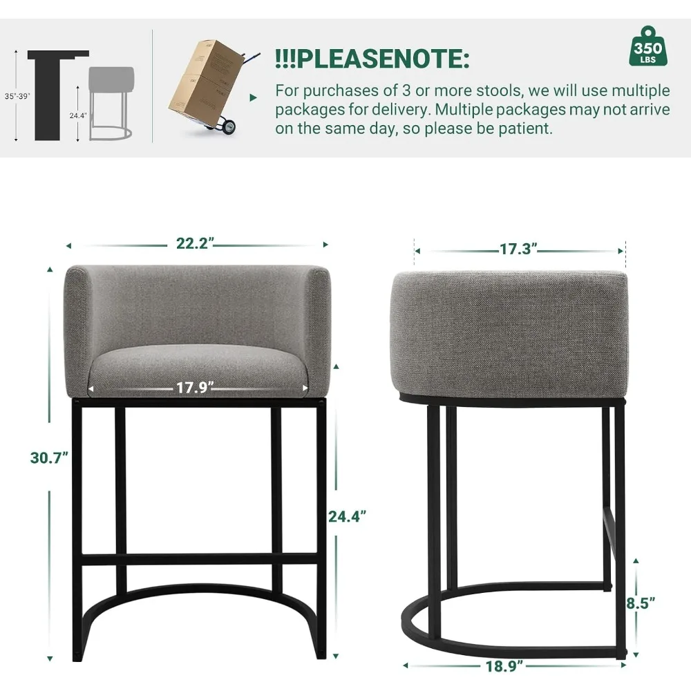 Fabric Bar Stools Set of 2, 24 Inch Counter Height for Kitchen Island, Gray