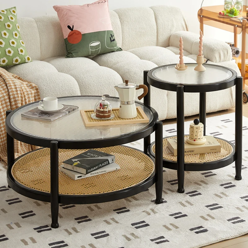 Solid Wood Rattan Woven Coffee Table, Living Room Side Table, Japanese Round Glass Table, Mobile Storage Desk, Home Furniture