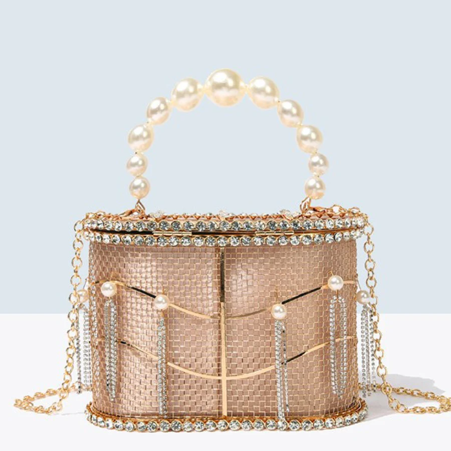 

Luxury Hollow Out Gold Metal Flower Cage Women's Handbag Shiny Crystal Tassels Evening Bag Party Purse Beaded Handle Clutch Bags