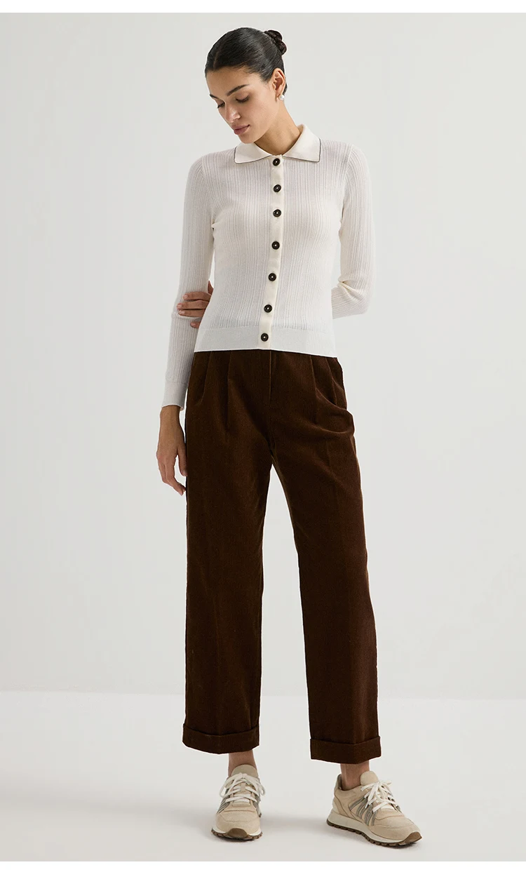 BY3621708 Damen-Strickjacke mit Polokragen, 100% Wolle, strukturiert, gerippt, lange Ärmel, Kragen mit Kettenverzierung, Kunstharzknöpfe, dezenter Luxus für den Herbst – Detail 7