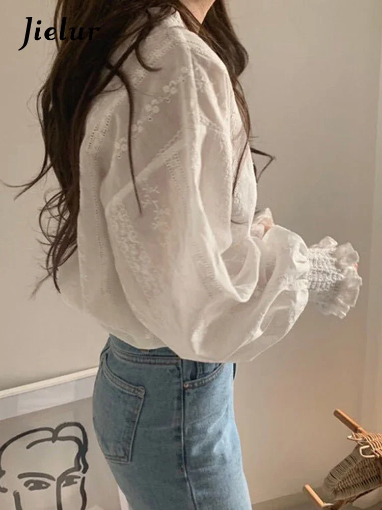 Jielur Embroidery Lace Shirt S-XL Size Spring Women Long Sleeve Linen Cotton Girls Blouse Femme Casual White Tops Women Blouses