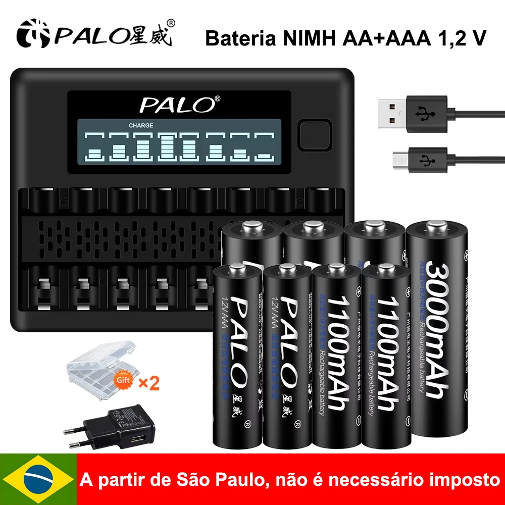 Bateria Recarregável PALO 1.2V AA + AAA 3000mAh, Baterias AA LR6 1100mAh, Bateria AAA LR3 + Carregador de Baterias 1.2V AA AAA com 8 Slots