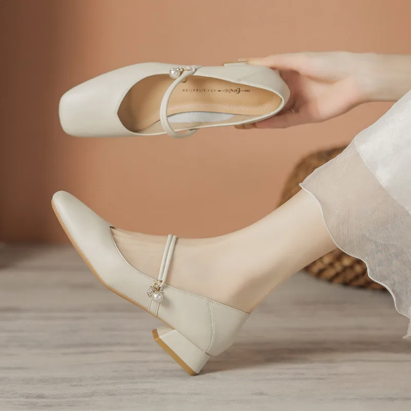 Custom Leather Mary Jane Shoes French Low Heel Square Toe Nude Work Commuter Women Shoes