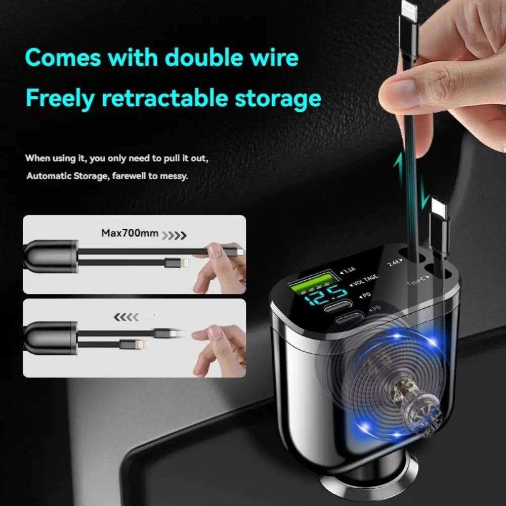 5 in 1 Car Phone Charger Fast Charger 70cm Retractable Cables Car Charging Lighter Universal Dual Charging Ports