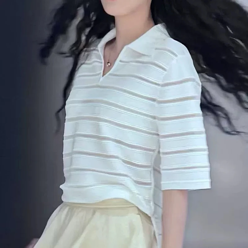 

Ele Hollow out Striped Knitwear Women's Breathable Summer Faion Commute Sle Loose Fit Five Sve Regular Length