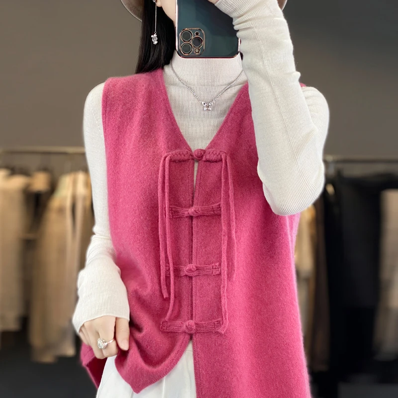 Autumn Winter New Chinese Style Vintage Plate Buckle 100 Pure Wool Vest Cardigan Women V-neck Solid Color Knitted Woolen Sweater