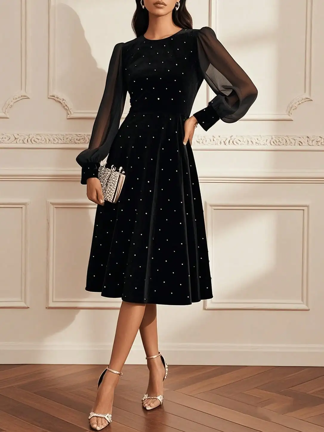 

Black Velvet A-Line Midi Dress with Pearl Embellishments and Sheer Lantern Sleeves