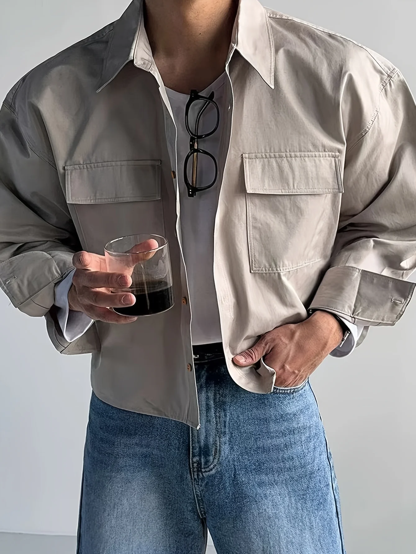 Men's Vintage Cropped Double Pocket Lapel Shirt Jacket Polyester S-2XL Long Sleeve Loose Casual Streetwear Fashion Outerwear