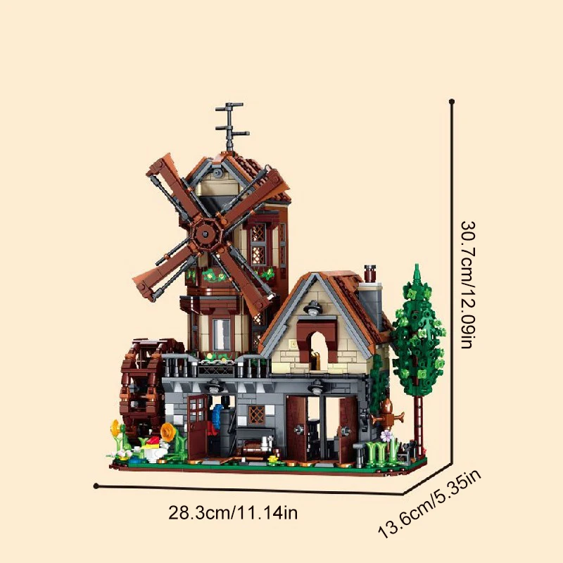 1580PCS MOC Bauernhof Haus Bausteine Mittelalterlichen Dorf Windmühle Cottage Architektur Modell mit LED Kinder Spielzeug Weihnachten Geschenk