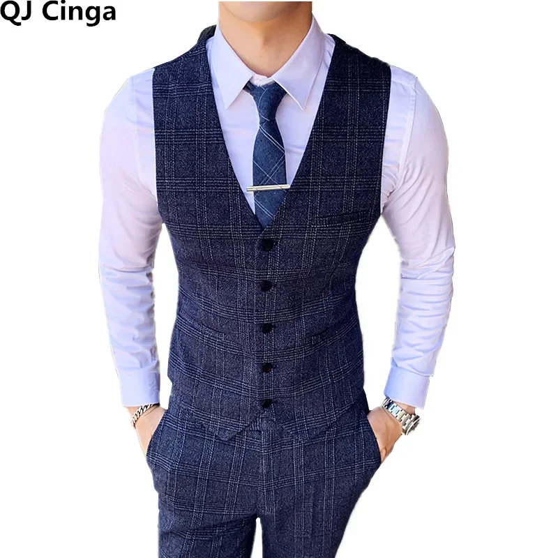 Blue Men's Stripe Plaid Suit Pants and Vest, Fashion Slim 2 Piece Set, Wedding/Party Trousers with Vests, Asian Size M-5XL