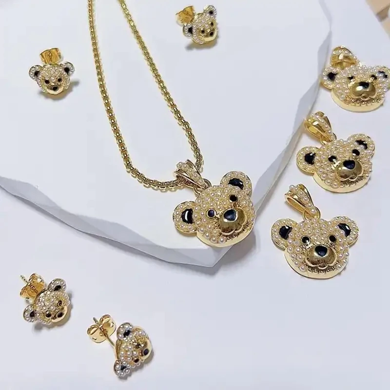 5Sets Newest 18k gold Cute Bear Pendant Necklace and Earring Sets For Woman Gift Popular Dainty Fashion Jewelry Necklaces