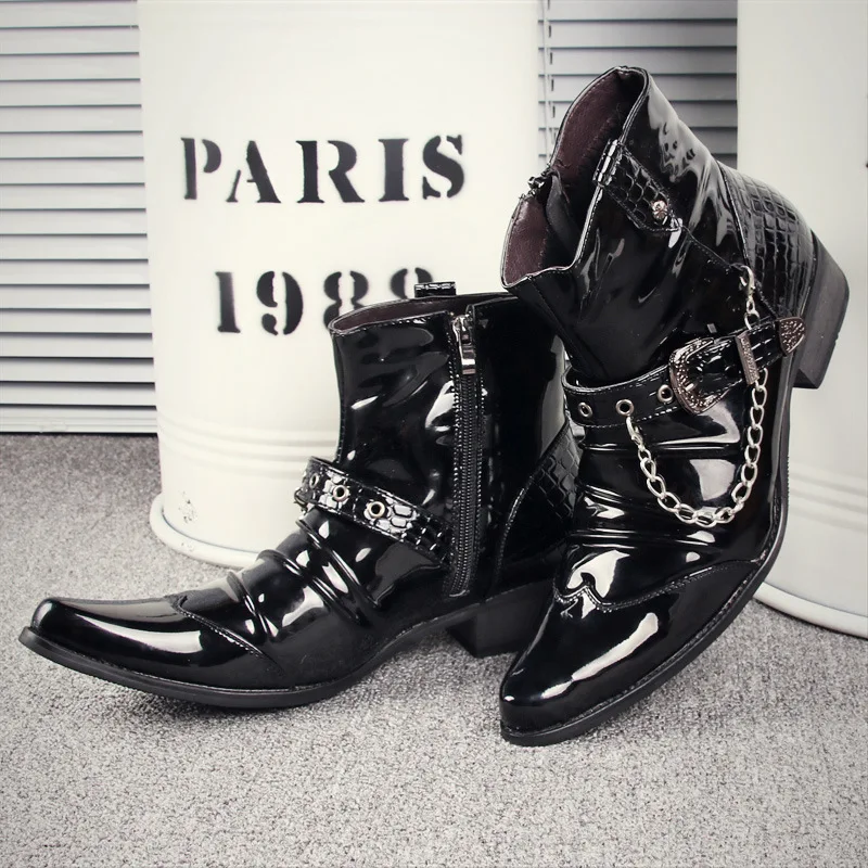 mens fashion patent leather boots black stylish brand designer shoes stage nightclub pointed toe ankle boot short botas chelsea